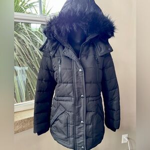 Guess Black Puffer Faux Fur Hood Jacket Women’s Size Large